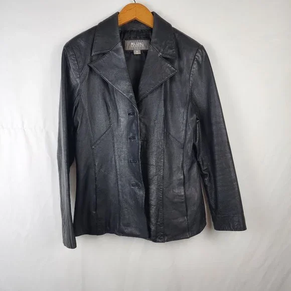 Vintage Wilsons Leather Black Button Up Button Up Jacket Inner Zip Pocket Medium - Picture 12 of 15